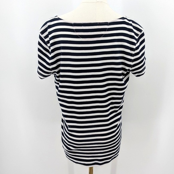 Lauren Ralph Lauren Navy White Stripe Zip Neck Tee Women's XL Nautical Blouse - Picture 2 of 8